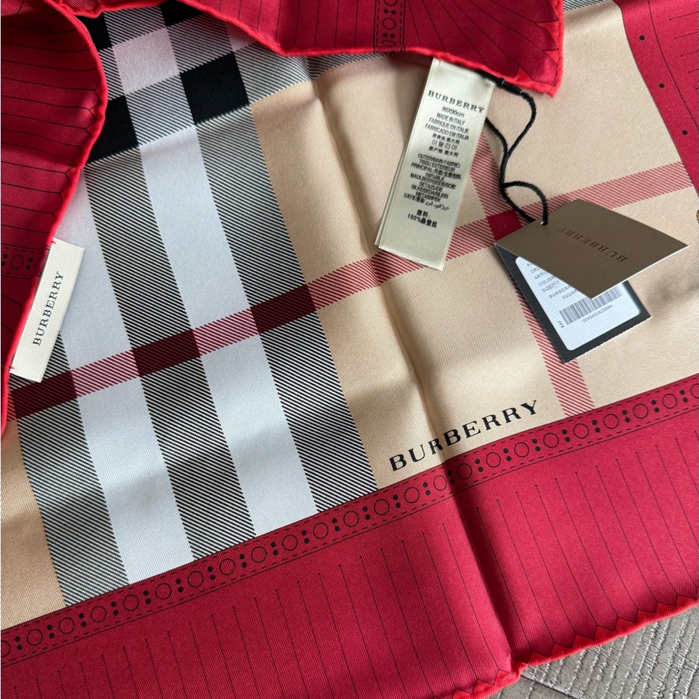 NWT Burberry Scarf Logo Iconic Beige Check Red Border Silk Wrap
